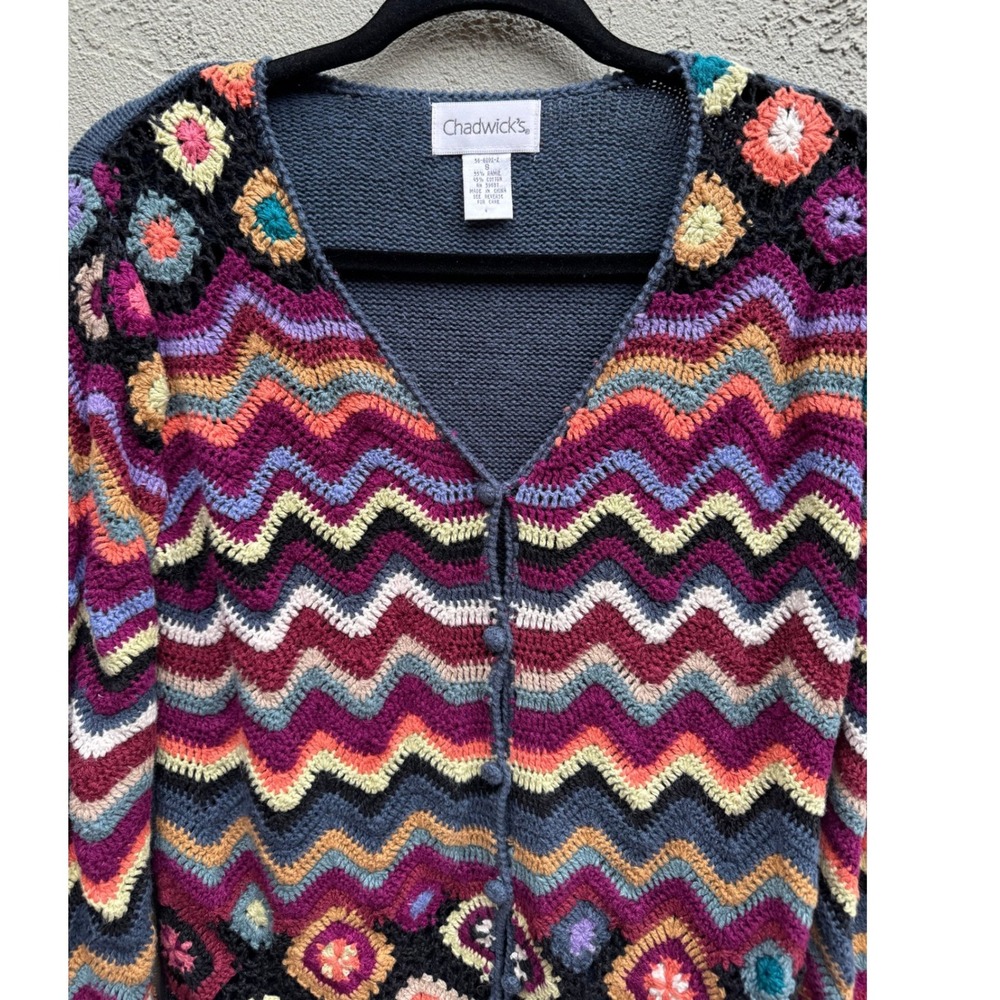 Vintage Chadwicks Womens Black Multicolor Crochet Zigzag Cardigan Sweater SMALL - Picture 3 of 8